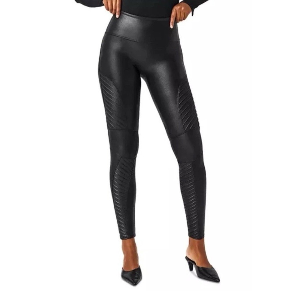SPANX Faux Leather Moto Leggings Womens Large Black 20136R
